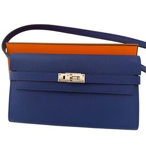 Authentic Hermes Royal Blue Kelly Longue Wallet with Strap Palladium HW